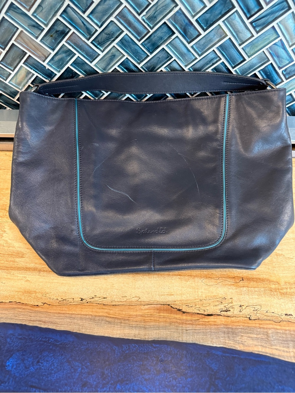 NWT Splendid Leather Navy Shoulder Bag with Teal Piping